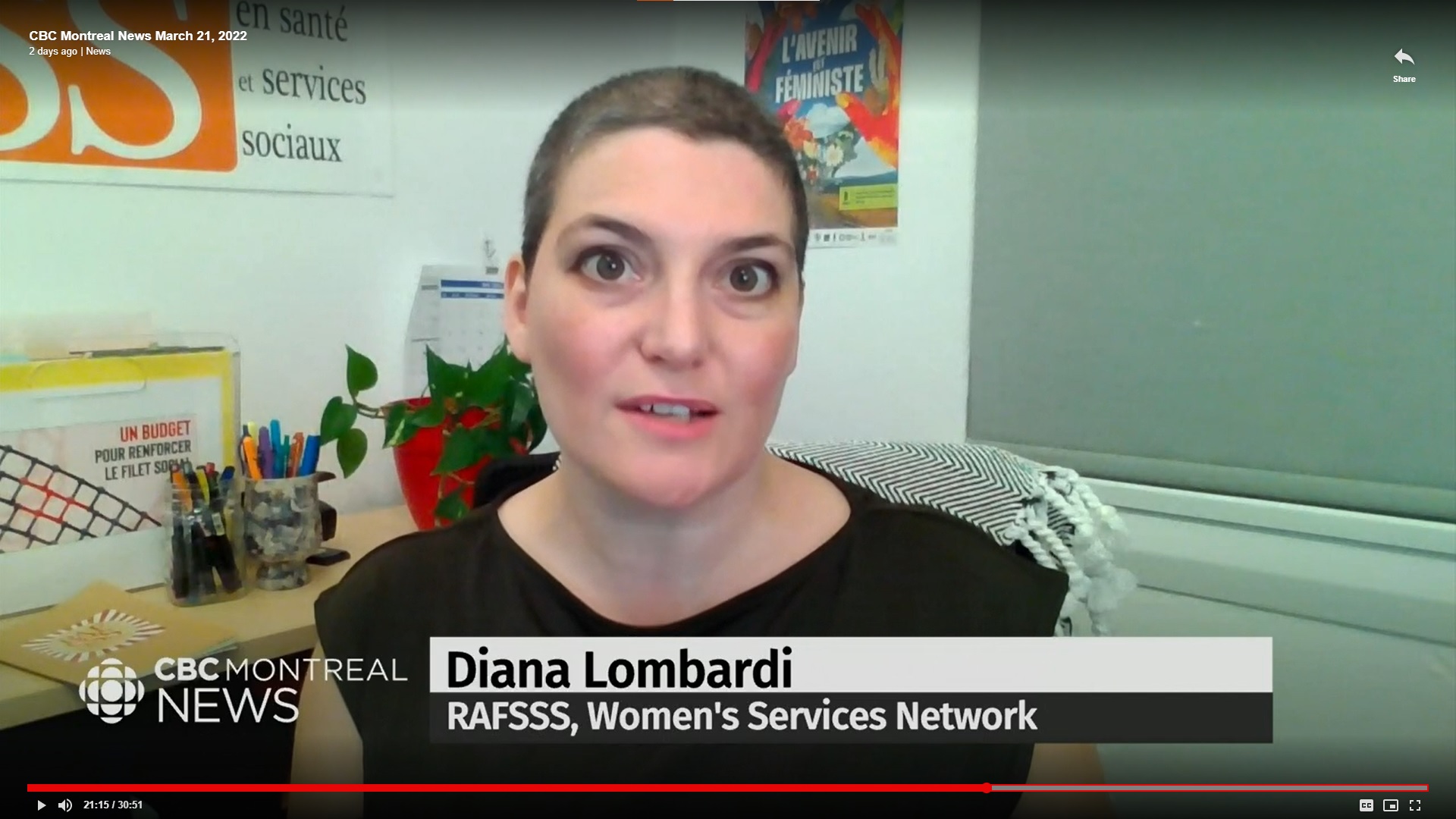 Diana Lombardi (RAFSSS) en entrevue avec CBC Montréal, nouvelles à 23h